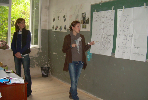 Lali Gvimradze of First Step Georgia (left) provides assistance to CSRDC in organizational management and project implementation through EWMI G-PAC\s Mentoring Program.